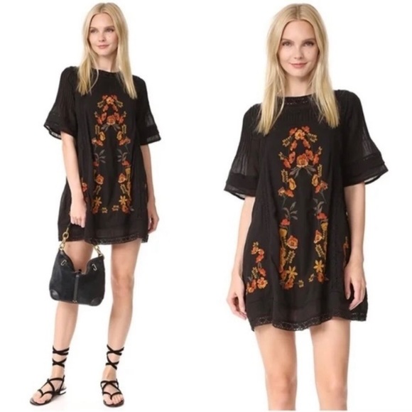 Free People Victorian Embroidered Dress Black Orange - Picture 2 of 8